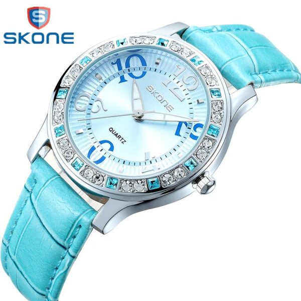 Skone Blue Leather  Strap lady wrist watch