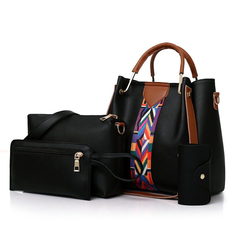 Set of 4 Handbags Lady's Shoulder Hand Bag with pouch clutchbag-black
