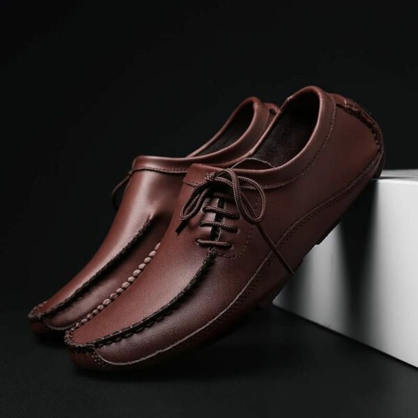 Genuine Leather Lace-up Rubber Sole Men Loafer Shoes- Brown
