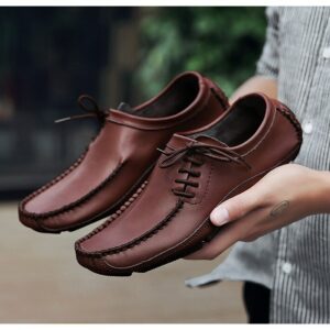 Genuine Leather Lace-up Rubber Sole Men Loafer Shoes- Brown