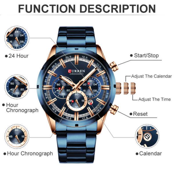 M8355 CURREN-Blue New Fashion Mens Watches With Stainless Steel Top Brand Luxury Sports Chronograph Quartz Watch