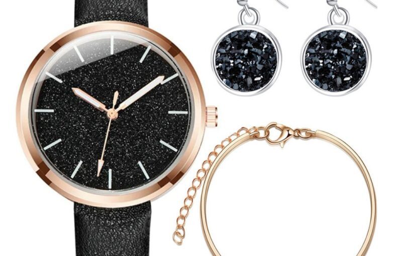 Black Ladies Gift Set- Watch, Earrings & Bracelet