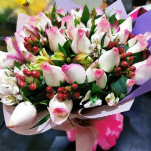 Ava- Pink Roses and Berry Beautiful Flowers Bouquet