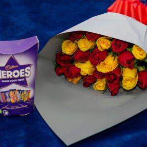 Fresh Roses Flower Bouquet &Cadbury Heroes Chocolates.