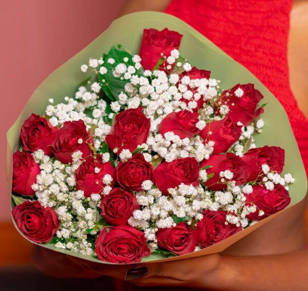 Baby Breath and Red Rose Flowers Bouquet