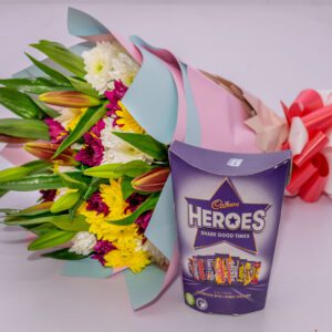 Bright Bouquet of Tiger Lilies and a Packet Of Cadbury Heroes Chocolates.
