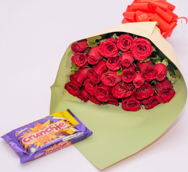 Fresh Red Roses and Cadbury Crunchie Chocolates