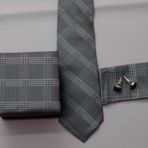 Grey Checked Tie Set Cufflinks +Pocket Square