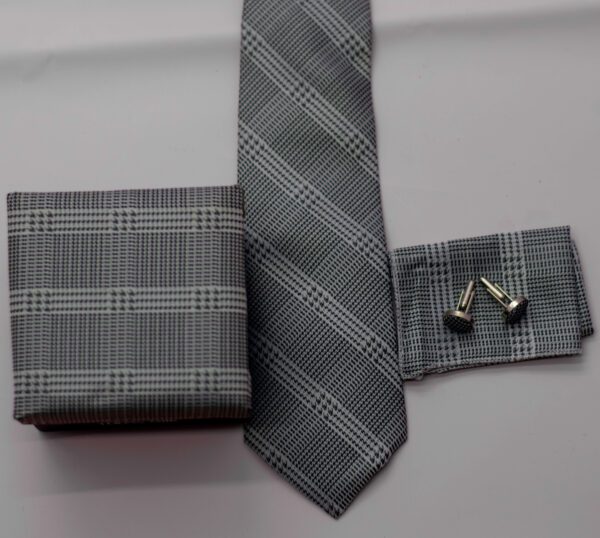 Grey Checked Tie Set Cufflinks +Pocket Square