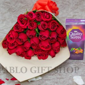 Quality Street Chocolates and Valentines Flower Bouquet