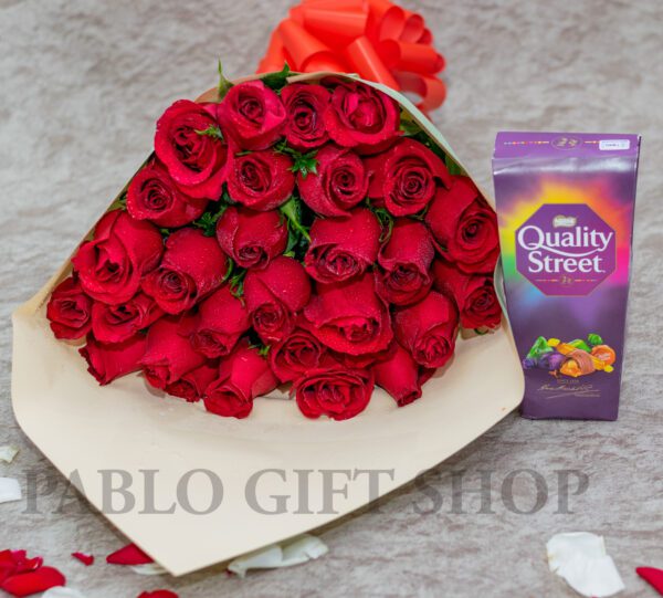 Quality Street Chocolates and Valentines Flower Bouquet