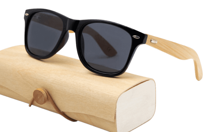 Sunglasses With a Wooden Frame and Black Lens.