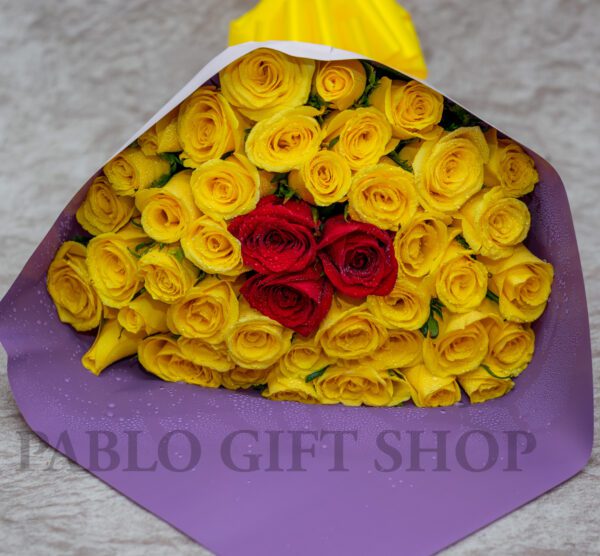 Sunny Yellow Roses With Red Rose Flower Bouquet