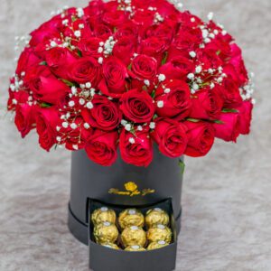 Flower Box with Roses, Baby Breaths and Chocolates
