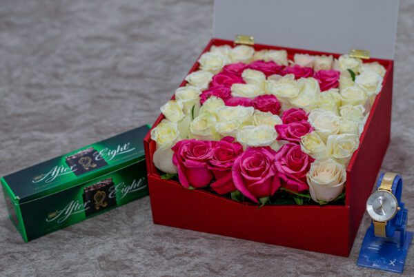 Mixed Flower Box, A Ladies Watch and Chocolate Hamper