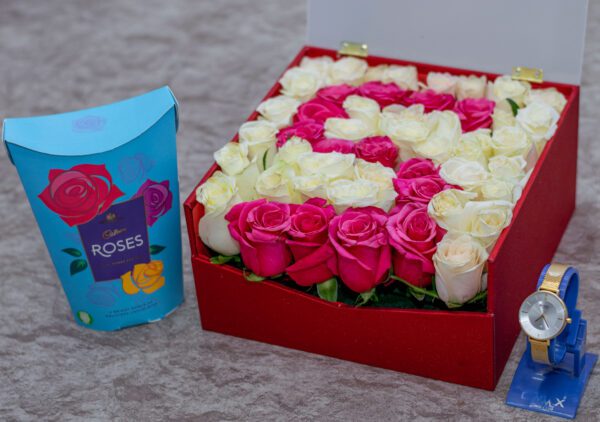 Mixed White & Pink Roses in a Flower Box and Curren Quartz Ladies' Watch and a Packet of Cadbury Roses Chocolates