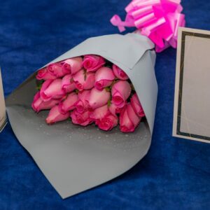 Pink Roses Flower Bouquet and Wedgewood Nougat  Biscuits and a plain card.