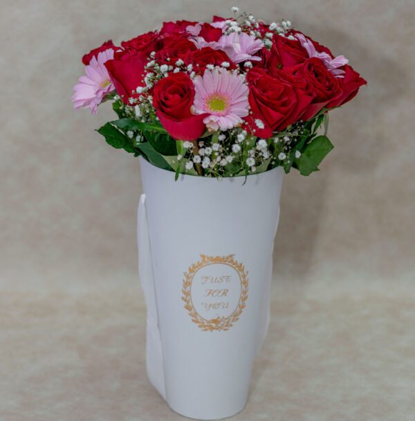 Red Roses, Baby Breaths and Gerberas in a White Vase