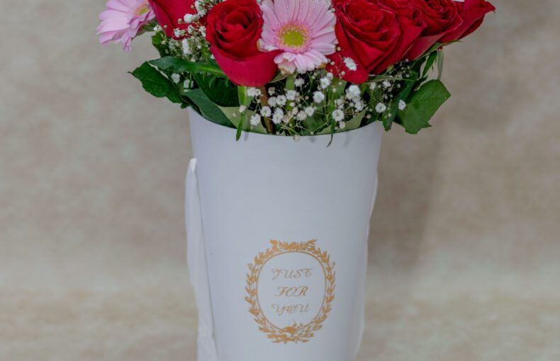Red Roses, Baby Breaths and Gerberas in a White Vase