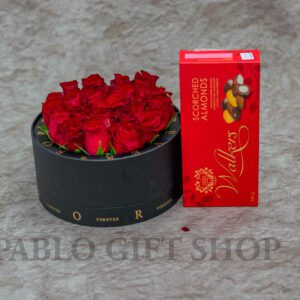 Red Roses Flower Box and Almonds Milk Chocolate