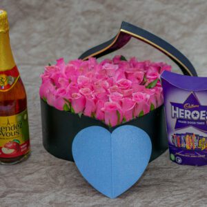 Aurora Flower Box - Pink Roses and Cadbury Heroes Chocolates and Rendez Vous Apple Sparkling Drink