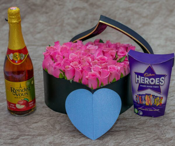 Aurora Flower Box - Pink Roses and Cadbury Heroes Chocolates and Rendez Vous Apple Sparkling Drink