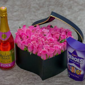 Aurora Flower Box- Pink Roses and Cadbury Heroes Chocolates and Rendez Vous Pink Sparkling Drink - Non-Alcoholic