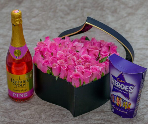 Aurora Flower Box- Pink Roses and Cadbury Heroes Chocolates and Rendez Vous Pink Sparkling Drink - Non-Alcoholic