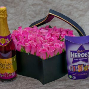Aurora Flower Box - Pink Roses and Cadbury Heroes Chocolates and Rendez Vous Red Grape Sparkling Drink