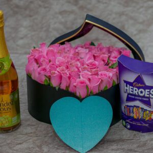 Aurora Flower Box- Pink Roses and Cadbury Heroes Chocolates and Rendez Vous White Grape Sparkling Drink- Non-Alcoholic