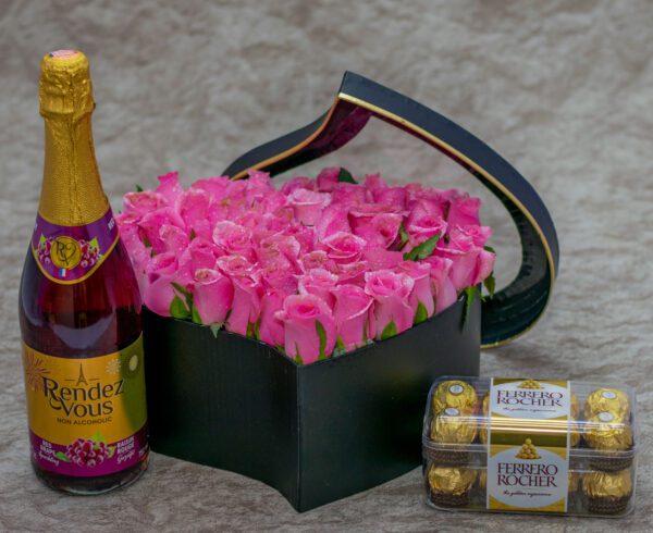 Aurora Flower Box- Red Roses, Chocolates and Wine