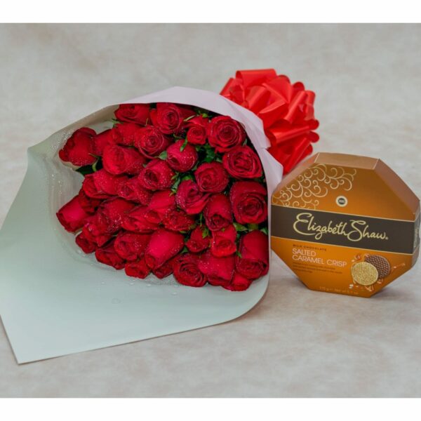 Bouquet of Red Rose Flowers & Elizabeth Shaw Chocolates Pack