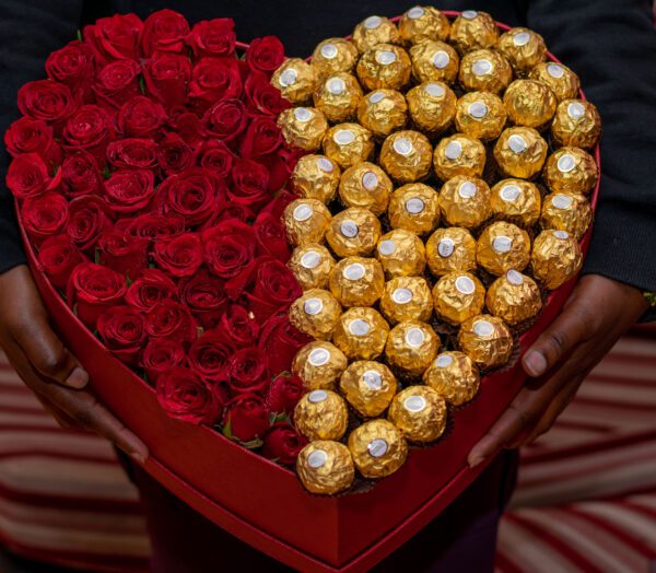 Deluxe Flower Box-Red and Yellow Roses with Ferrero  Rocher Chocolates