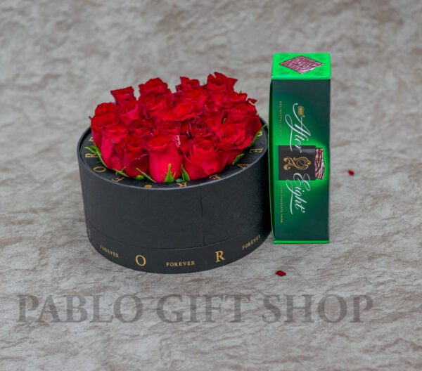 Fancy Flower Box-Red Roses and After Eight Chocolate