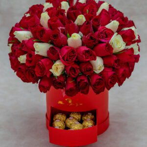 Hightower Flower Box-with Mixed Red and White Roses and Ferrero Rocher Chocolates