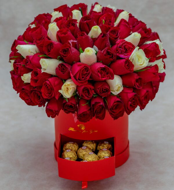 Hightower Flower Box-with Mixed Red and White Roses and Ferrero Rocher Chocolates