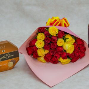 Mixed Red and Yellow Roses Wine and Chocolate