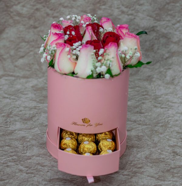 Mixed Roses and Baby Breath and Ferrero Rocher Chocolates in a Pink Box