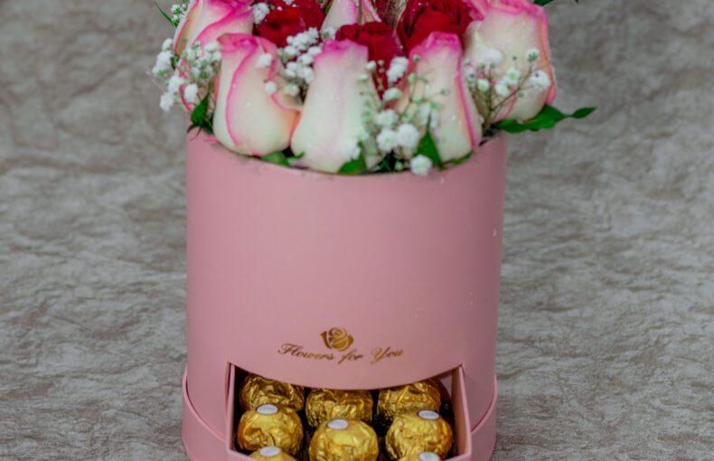 Mixed Roses and Baby Breath and Ferrero Rocher Chocolates in a Pink Box