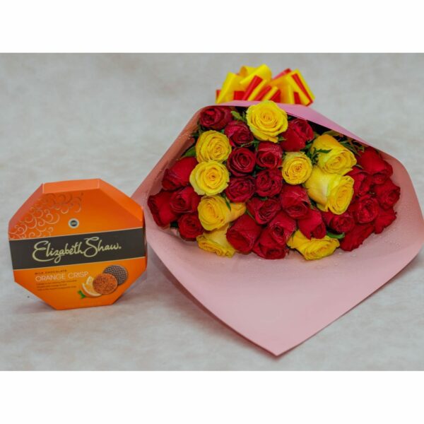 Mixed Roses Flower Bouquet and Elizabeth Shaw Orange Chocolates