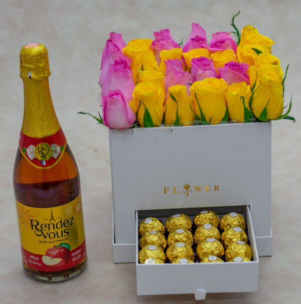 Mixed Yellow and Pink Roses and Ferrero Rocher Chocolates