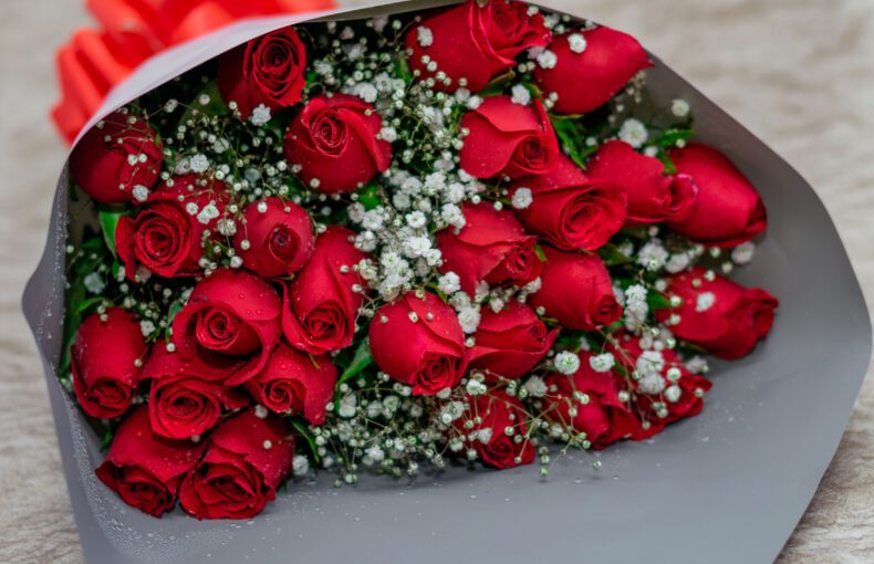 Red Roses and Baby Breath Flower Bouquet