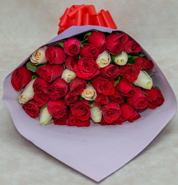 Red & White Roses Flower Bouquet with Elizabeth Shaw Orange Chocolates