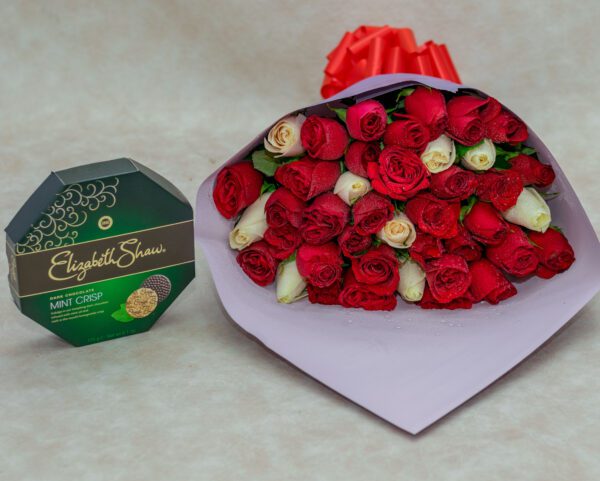 Red & White Roses Flower Bouquet with Elizabeth Shaw Orange Chocolates