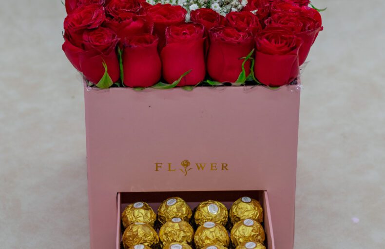 Serene Flower Box- with Red Roses and Baby Breath and Ferrero Rocher Chocolates
