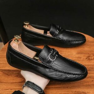 Slip-on PU Leather Loafers Boat Shoes-Black
