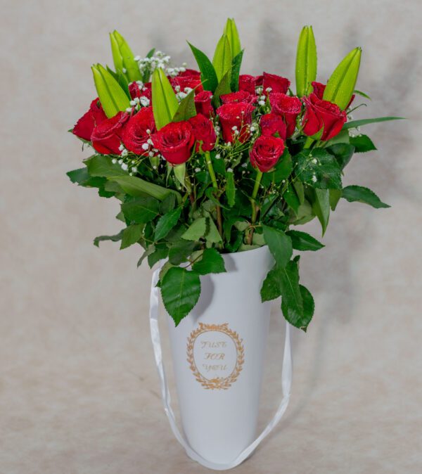 Tiger Lilies, Baby Breath and Roses in a White Vase