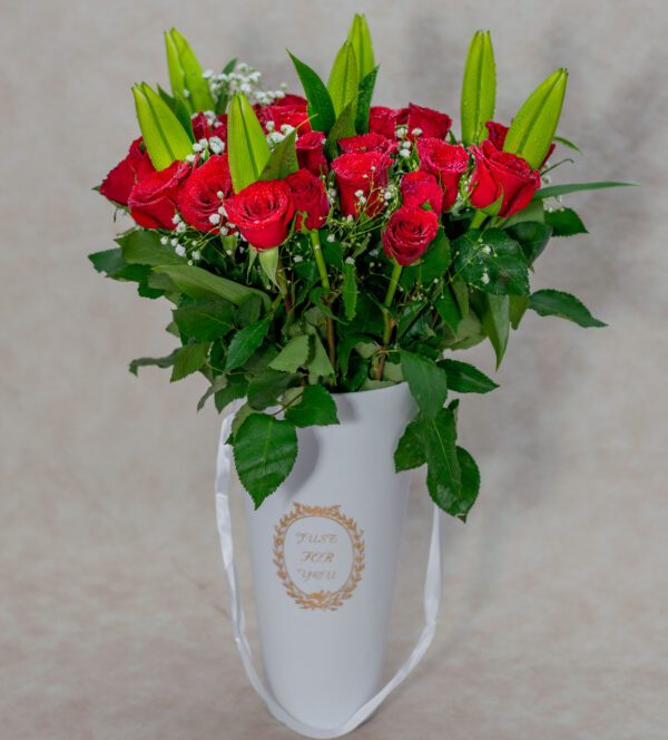 Tiger Lilies, Baby Breath and Roses in a White Vase
