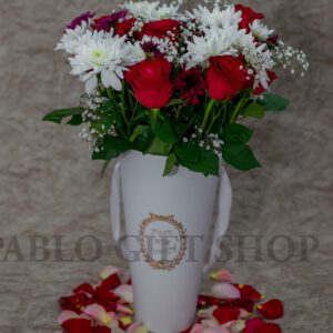 White Chrysanthemums, Red Rose Flowers in a Vase