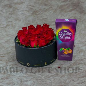 Agata Flower Box-Red Roses and Quality Street Chocolates